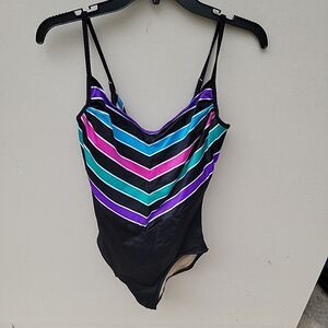 vtg The Slimsuit ladies Black Color Block One Piece swimsuit Sz 14 Tall Retro 80